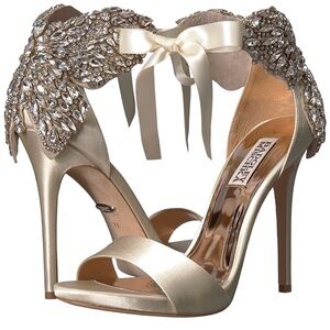 Badgley Mischka Ivory/Gold Crystal-Embellished Satin Heels